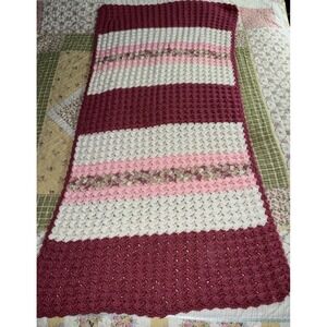Handmade Cottage Core Crochet Throw Blanket Pink White And Burgandy 29x56